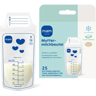 MAM Muttermilchbeutel | Stillbeutel aus BPA- & BPS-freiem Material | Auslaufsichere Milchbeutel mit Doppeldruckverschluss | Praktischer Standboden | Flach & platzsparend | 180 ml | 25 Stück