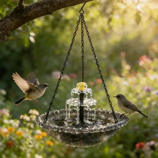Vogeltränke Hängend, Solar Vogelbad mit Springbrunnen für Außen, Vogelbad Balkon mit Solarbrunnen, Solar Vogeltränke mit Springbrunnen, Wildtierlocker Gartendeko für Garten Hof Terrasse (Grau)