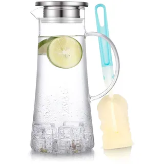 SUSTEAS Wasserkaraffe, Glaskaraffe mit Deckel, Karaffe mit Ausgießer, 1.5L | Wasserkrug Borosilikatglas für selbstgemachte Getränke, Eistee, Kaffee, Milch, Wein, Saft – Spülmaschinenfest & inkl. Bürste