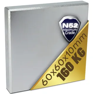 Neodym Magnet N52 160 Kg - Neodym Magnete Extra Stark - Super Magneten Quader Groß - 60x60x10 mm Power Block Platte