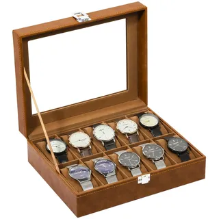 Uten Uhrenbox mit 10 Fächern, Uhrenbox mit Glasabdeckung, Uhrendisplay Aufbewahrungsbox für Damen und Herren, Braunes PU, Braunes Samtfutter, Geschenkidee