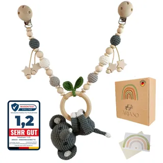 ARIASO® Kinderwagenkette aus Holz und Baumwolle gehäkelt Kinder Baby Spielzeug Holz Kette für Kinderwagen geeignet für Mädchen und Junge ab 0+ Monate inkl. Geschenkkarte (Elefant Anthrazit)