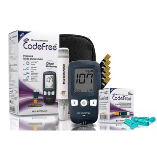CodeFree Blutzuckermessgerät mit Teststreifen Set + Blutlanzetten + Tasche