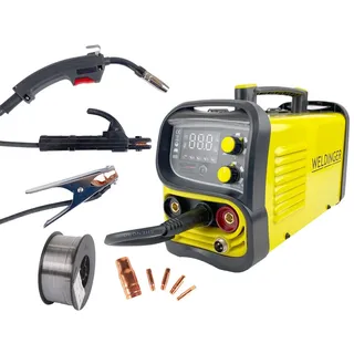 WELDINGER Fülldrahtschweißgerät ME 130 mini Flux IGBT Schweißgerät, 20,00 - 130,00 A, Einsteigerset, 10- tlg., 4 in 1 Kombigerät, geeignet für Edelstahl Fülldraht gelb