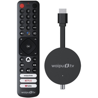 waipu.tv HYBRID Stick | Inkl. Fernbedienung mit Schnellwahltasten (mit TV-Steuerungstasten) | Fernsehen über WLAN, DVB-T2 und DVB-C | HDMI | 4K | HDR