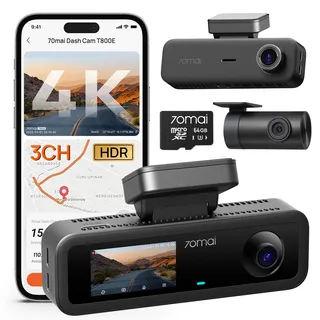 70mai T800E 4K Dashcam Auto 3-Kanal, 4K+1080P+1080P Vorne Hinten Innen 3 Channel Autokamera mit HDR F1.55, IR Nachtsicht, Parküberwachung 24H, GPS, G-Sensor, WiFi 6, Superkondensator mit 64GB SD Karte