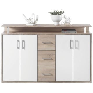 CARRYHOME Sideboard Weiß, Sonoma Eiche, Kunststoff, 2 Fächer, 3 Schubladen, 139x90x34 cm