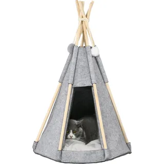 PawHut Tipi Zelt für Haustiere - Teepee Katze oder Hund - dicker Kissen für maximalen Komfort 2 Pompons inklusive - Holzstruktur aus Kiefer Filz Plüsch grau   Aosom