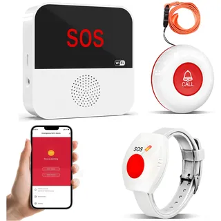 ChunHee Senioren Notruf Tuya WiFi Smart Notrufklingel Alert System für ältere Patienten Behinderte,Kinder 1 SOS Notrufknopf 1 Empfänger (1 Knopf +1 Uhr +1 Empfänger (Wiederaufladbares ))