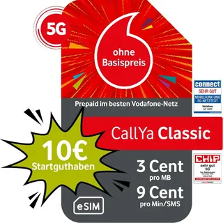Vodafone Prepaid CallYa Classic eSIM | 10 EUR Startguthaben I ohne Vertrag | 5G-Netz | 9 Ct. pro Min/SMS