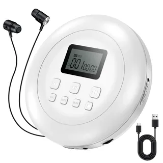 Gueray Tragbarer CD-Player CD Spieler Persönliche CD Player mit Kopfhörer LCD Display Anti-Skip Schutz HiFi Klassische CD Musik Player Speicher CD Player für Auto Zuhause (Weiß)