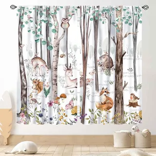 Woodland Vorhänge für Kinderzimmer, rustikale Waldtiere, Wildtiere, Aquarell, Wald, Bär, Hirsch, Fuchs, Landhaus-Verdunkelung, Fenstervorhänge für Baby, Mädchen, Jungen, Schlafzimmer, Wohnzimmer