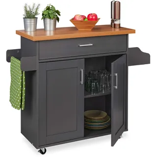 Relaxdays Küchenwagen, Arbeitsplatte, Schublade, 2 Fächer, Gewürz- & Handtuchhalter, mobiler Küchenschrank, grau/natur