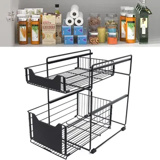 Shiyinge 2-Etagen Unter Der SpüLe Regal Teleskop Ausziehbare Korbauszug Schrank SpüLbecken Aufbewahrung Waschbecken Rack Organiser Unterschrank Mit Schublade KöRbe FüR KüChen Bad Groß Schwarz