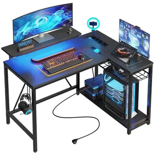 BESTIER Gaming-Eckschreibtisch L-Form 106,5 cm - mit LED, Steckdosen, 2 Regalen & Haken - Reversibler Computertisch für kleines Büro, Schlafzimmer & Gaming-Setup