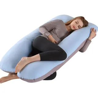 FANSU U-förmiges Schwangerschaftskissen, Seitenschläferkissen Komfortkissen&Weich Ganzkörperkissen für Erwachsene Für besseren Schlaf und gegen Rückbeschwerden (130x70cm,blau-grau)