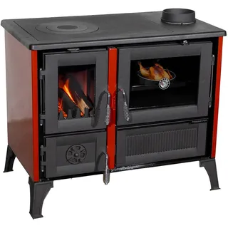 hosseven Kaminofen mit Backfach und Herdplatte 4013 Rot Holzofen 8 kW Holz Ofen Mehrfachbelegung Kamin Heizofen Küchenherd