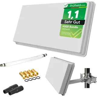 netshop 25 Sat Flachantenne Single LNB HD Sat Anlage für 1 Teilnehmer H30D1+ kompakte Sat-Antenne mit Fensterhalterung und Zubehör Set – starke Empfangsle...