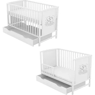 Baby-Delux Babybett Gitterbett Mia Schutzgitter 2in1 weiß 120x60 Bärchen mit Schublade - Weiß