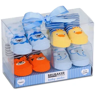 Brubaker 4 Paar Babysocken Jungen Mädchen 0-12 Monate | Baby Geschenkset für Neugeborene in Geschenkverpackung mit Schleife - Weihnachtssocken, Tiersocken und andere Motive - 0-12 Monate