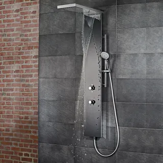 HSK Duschpaneel LAVIDA Plus, mit Schwallfunktion, 3-Wege-Steuerelement, 1900017-45, Ausführung: Edelstahl poliert mit Glasfront schwarz