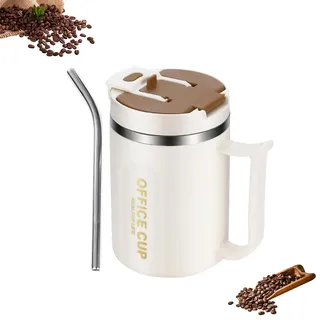 Thermobecher mit Henkel Thermo Kaffeebecher To Go, 500 ml Edelstahl Thermotasse mit Deckel und Strohhalm, Coffee to go Becher, Coffee Mug Thermotasse für Unterwegs Umweltfreundlich (braun)
