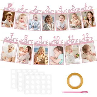 KELAV Fotogirlande Geburtstagsdeko,1 Jahr Girlande für 1 bis 12 Monate Baby,Fotobanner für Geburtstage,Meilenstein Girlande,Mädchen Jungen,Hängende Foto Wanddekoration(Roségold)