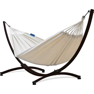 Potenza Outdoor Hängematte mit Gestell für 2 Personen I Baumwolle Doppelhängematte XXL 220x160, 200kg I Hängemattengestell 220kg, wetterfest (Ecru, Gestell Braun)