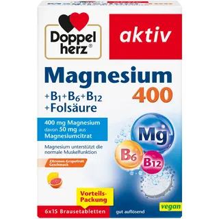 Doppelherz Magnesium 400 + B1 + B6 + B12 + Folsäure – Magnesium als Beitrag für die normale Muskelfunktion – 6 x 15 Brausetabletten (Vorteilspackung)