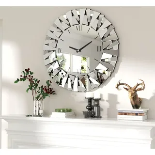 WISFOR Wanduhr 80 cm, rund Dekouhr, Atmosphera Küchenuhr Wohnzimmer Bürouhr, Leise Römischen Ziffernr, Glas - Silber