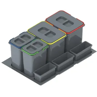 REJS Mülltrennsystem Küche für 80 cm Schrank 4-fach 72,5x49x30 cm (2x 15L + 2x 7L) mit Deckel Einbau Abfallsammler für Schubladen Küchenabfalleimer Abfalltrennung Abfallbehälter Set Silberfarben