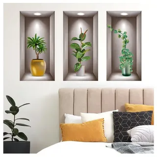 MOPUEA Wandsticker Wandsticker Pflanzen Wandtattoo 3D Vasen Wandaufkleber Wohnzimmer (Wandsticker Set mit grünen Pflanzen und Vasen Design, 3D Pflanzen Wandsticker Set für Wohnzimmer und Schlafzimmer), 3D Pflanzen Design selbstklebend wasserfest abnehmbar braun