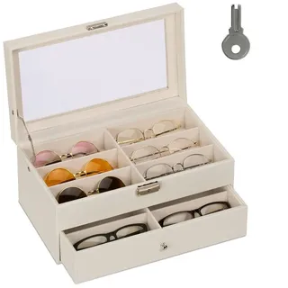 Relaxdays Brillenbox für 12 Brillen Weiß,Creme,Silber