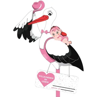Klapperstorch Baby Rosa,Klapperstorch zur Geburt Draußen,Storch Geburt für Draussen Mädchen,Großer Storch aus Holz,Beidseitig bedruckt,Geburtsstorch inkl Holzstab+ Namensschild Grußkarte