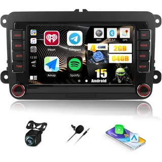 CAMECHO 2+64G Android 15 VW Autoradio für VW Golf 5 6 Polo Skoda mit Navi Carplay Android Auto, 7-Zoll Bildschirm 2 Din Golf 5 Autoradio mit Bluetooth5.0 FM/RDS USB/Type-C+Rückfahrkamera