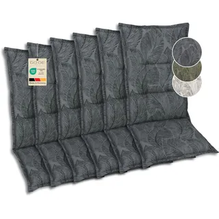 GO-DE Textil Bequeme und attraktive Polsterauflagen für Hochlehner-Gartenstühle (6er-Set, Blattmotiv groß anthrazit, Hochlehner)