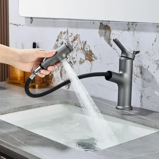 Waschtischarmatur mit Ausziehbar Brause LakeBayMZC Wasserhahn Bad,Einhebelmischer Badarmatur Waschbeckenarmatur für Aufsatzwaschbecken mit 3 Wasserstrahlarten Brause,Silbergrau