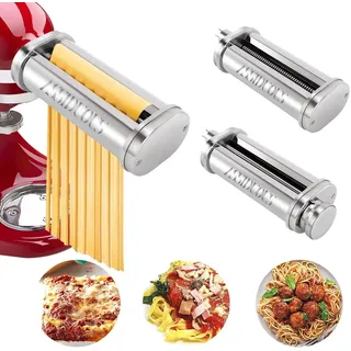 Edelstahl Nudelaufsatz mit Reinigungsbürste für Kitchenaid Küchenmaschine, Nudelroller und Schneider für Kitchen Aid,Nudelmaschine 3 Stück Pasta Set,Pasta maker Wasserwaschbar mit Bürste