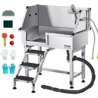 Vevor Hundewaschstation aus Edelstahl, 870x488x1025 mm Tierpflegewanne mit Ablagetreppe, Wasserhahn, Duschkopf & Seifenhalter, Hundebadewanne, für mittelgroße & kleine Haustiere (linke Tür)