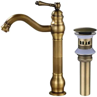 MEIBATH Badezimmer Waschbecken Mischbatterien Einhand Arbeitsplatte Wasserhahn Vessel Tap + Sink Pop up Drain (mit Überlauf) Antik Messing Wasserhahn Badarmatur Waschtischarmaturen