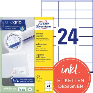 Avery Zweckform Universaletiketten 3475 Weiß 70,0 x 36,0 mm 100 Blatt 2400 St.