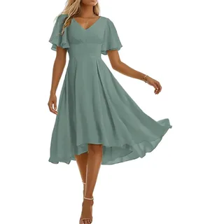 Damen Chiffon Brautjungfernkleider für Frauen Falten Jubiläumskleider Cocktailkleider Übergröße, Eukalyptus, 46 - 46