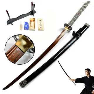 Swords and more Highlander - Duncan MacLeod Katana - handgeschmiedet & gefaltet, Set - Blutdamast Edition, Drachenkopf Samurai Schwerter scharf echt mit Schwertpflegeset, Damaszenerstahl
