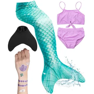 Corimori Monoflosse Meerjungfrauenflosse mit Bikini und Tattoos, Merjungfrauen Schwimmflosse mit Bikini Set grün Körpergröße bis 120cm