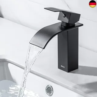 ONECE Schwarz Waschtischarmatur Wasserfall Wasserhahn Bad Mischbatterie Waschbecken, Einhebelmischer Badarmatur Waschbeckenarmatur aus Edestahl,