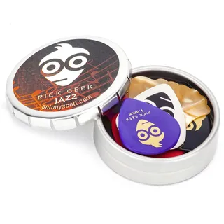 Pick Geek Jazz Plektren Set | 18 Coolen Assortierten Gitarre Picks (Plektrum) | für E-, Akustik- und Bass-Gitarre | in einer Luxusmetall 'Klick-Klack Dose | 4 Stärken