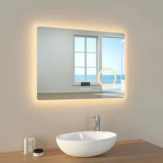EMKE Badezimmerspiegel LED Badspiegel Wandspiegel 80x60cm mit Touch-Schalter Vergrößerung Schminkspiegel 3 Lichtfarben und Beschlagfrei Bluetooth - Silber