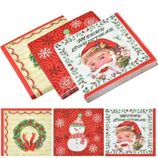 VITEVER 60 Stück Servietten Weihnachten, Weihnachtsservietten 3 Designs, Einweg-Cocktailservietten aus Papier, dekorative Weihnachtsservietten für Urlaub, Abendessen, Weihnachtsfeiern