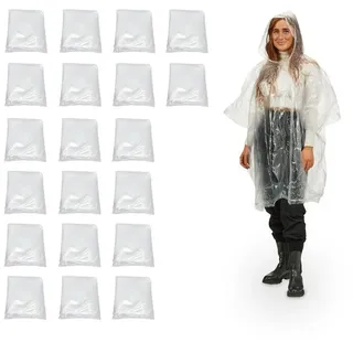 Relaxdays Regenponcho Einweg 20er Set, Einmal Regencape mit Kapuze, Erwachsene, Notfallponcho Damen, Herren, transparent