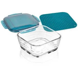 Genius Nicer Dicer Chef Professional Glasschüssel mit Deckel | Set 3-tlg. Zubehör, 2.8 L Fassungsvermögen, inkl. Silikonmatte, Anti-Rutsch-Matte, Auflaufschale, Backofenfest